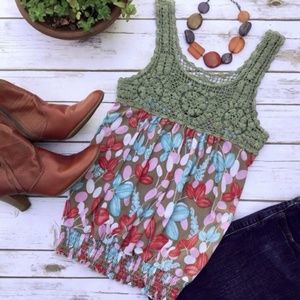 Festival Tank Floral Top w/ BOHO Crochet Insert